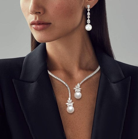 Pear Cut Pearl & White Sapphire Jewelry Set – Necklace & Earrings