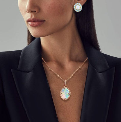 Halo Golden Oval Opal Jewelry Set – Necklace & Earrings