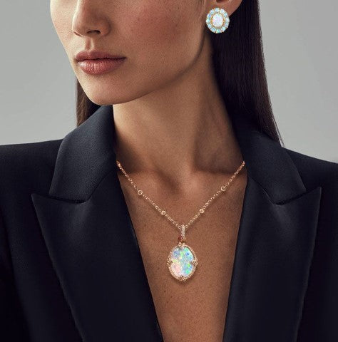 Halo Golden Oval Opal Jewelry Set – Necklace & Earrings