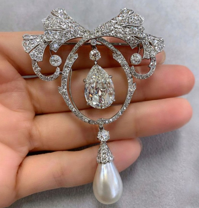 Fabulous Pear Cut Pearl & White Sapphire Brooch