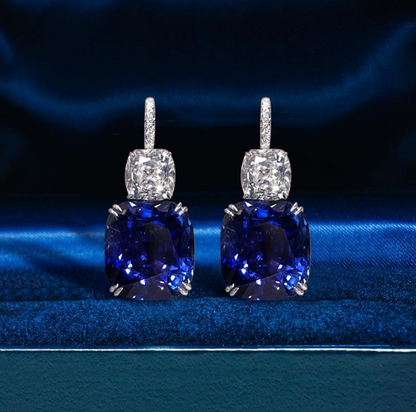 Cushion Cut Blue Sapphire Drop Earrings