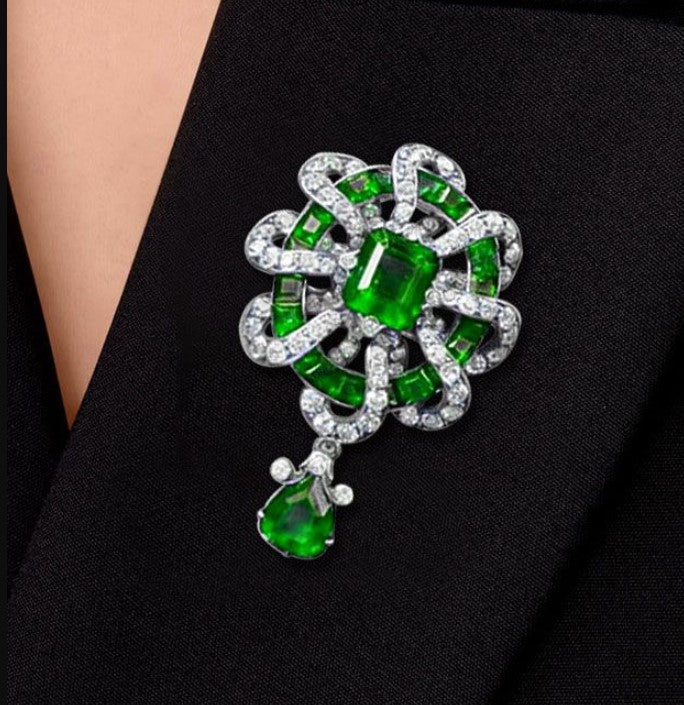 Antique Asscher & Pear Cut Emerald Sapphire Brooch