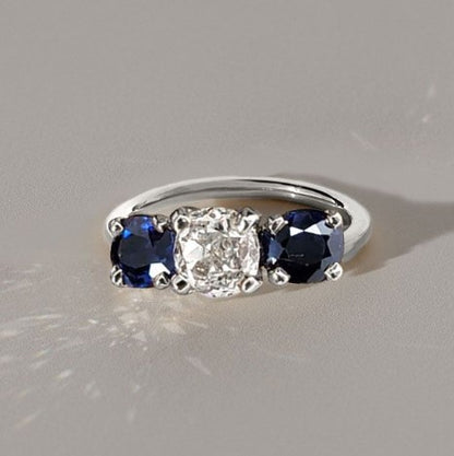 Three-Stone Cushion Cut White & Blue Sapphire Wedding Ring