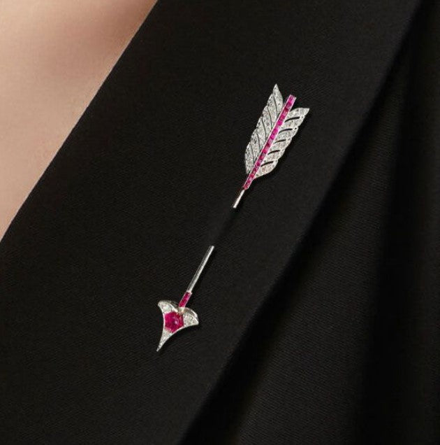 Art Deco Ruby & Sapphire Baguette Cupid Arrow Brooch
