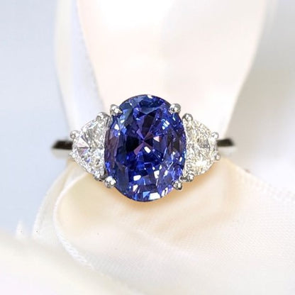 Three-Stone Oval Cut Blue Sapphire Engagement Ring