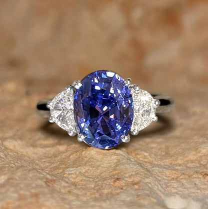 Three-Stone Oval Cut Blue Sapphire Engagement Ring