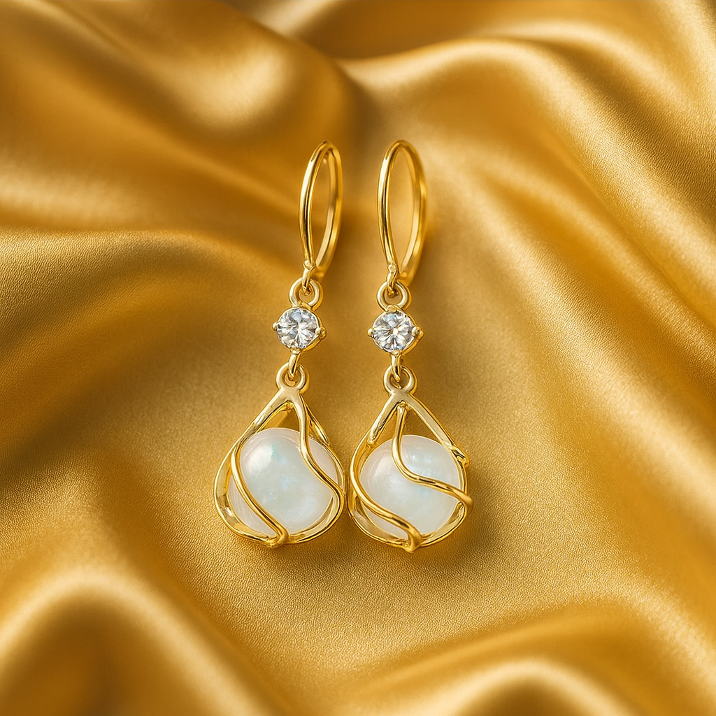 White Opal Gold Dangle Earrings