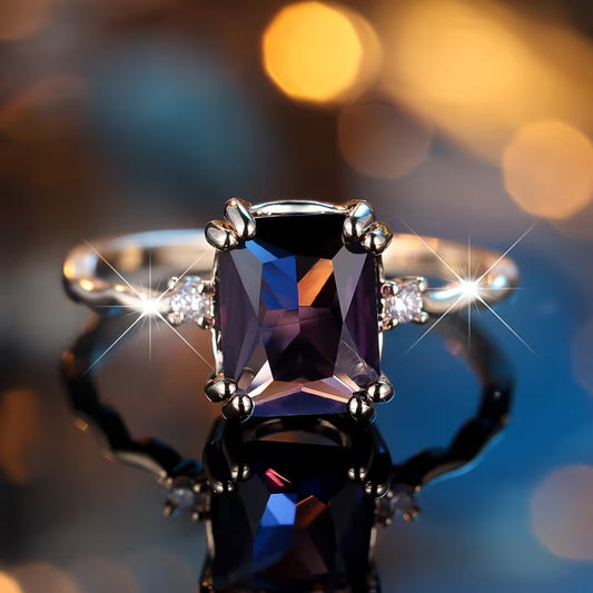 Silver amethyst emerald-cut ring