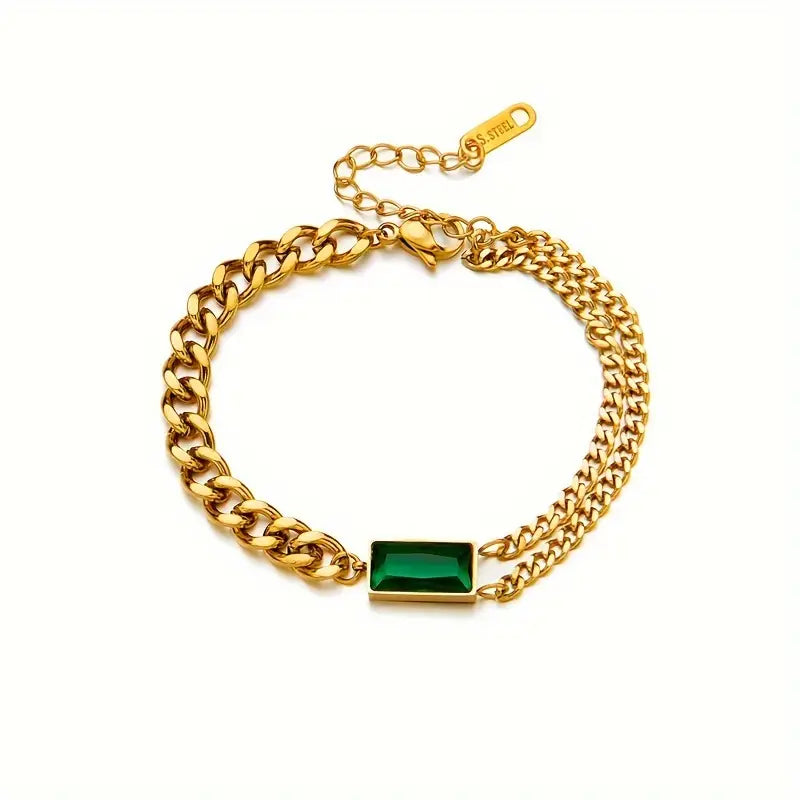 Gold emerald bar chain bracelet