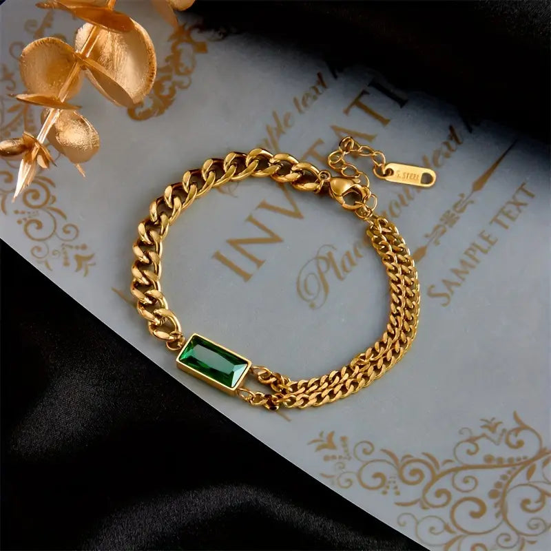 Gold emerald bar chain bracelet