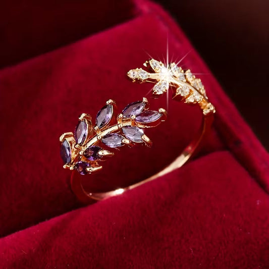 Gold amethyst leaf ring