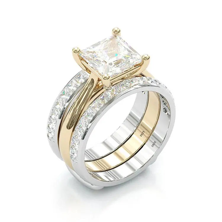 Elegant Princess-Cut Gold & Silver Ring Set