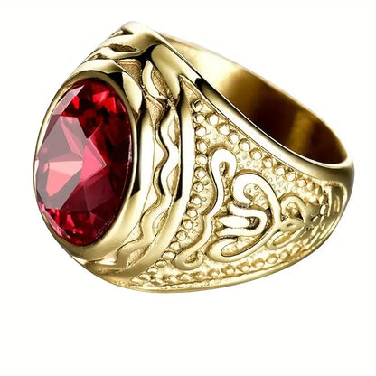 Gold ruby engraved ring