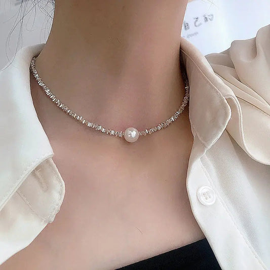 Silver minimalist pearl choker necklace