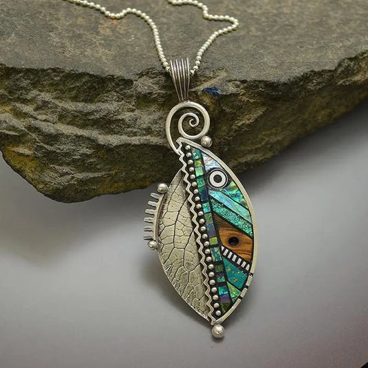 1+1 Offer: Green Leaf Crystal Necklace in Vintage Silver