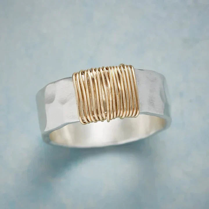 Dual-Tone Golden Thread Silver Ring