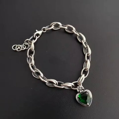Green Crystal Gemstone Vintage Silver Charm Bracelet
