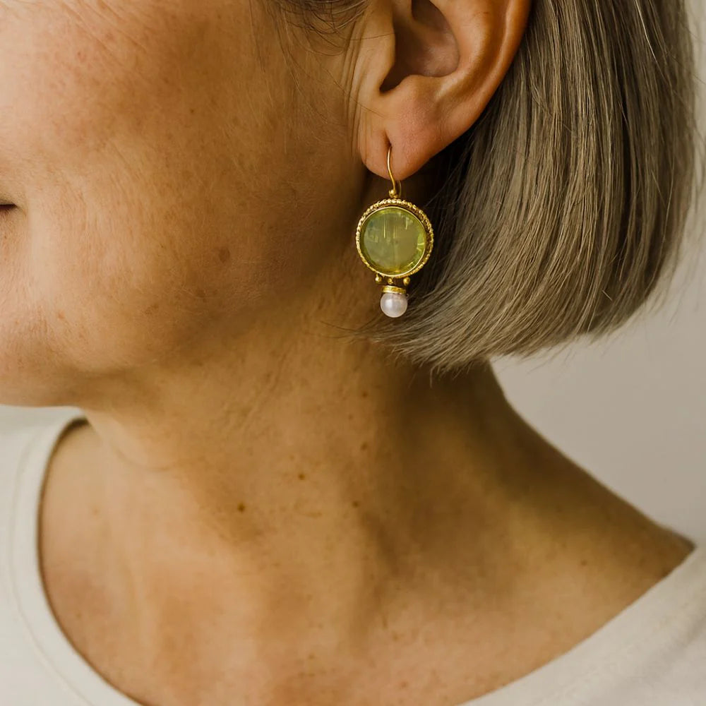 Vintage Rounded Green Stone Pearl Earrings