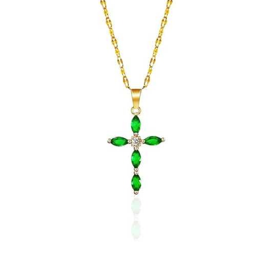 Gold emerald marquise cross necklace